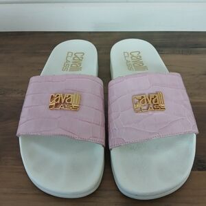 CAVALLI CLASS BY ROBERTO CAVALLI Croc Embossed Leather Pool Slides